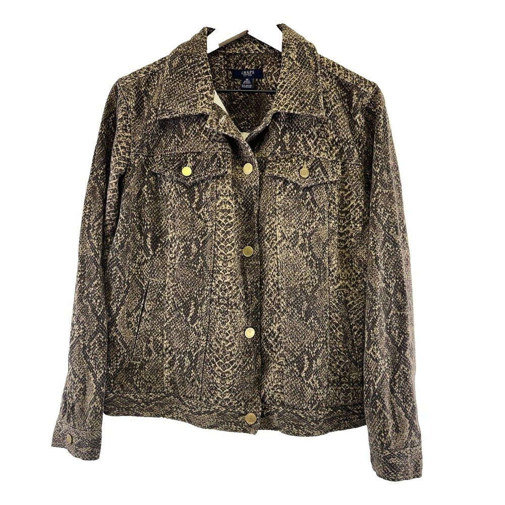 Chaps Snakeskin Python Denim Jacket Brown Button Stretch Flap‎ Pockets Womens 1X